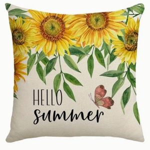 NEW HELLO SUMMER SUNFLOWERS BUTTERFLY FARMHOUSE FLORAL LINEN PILLOW COVER 17.7"